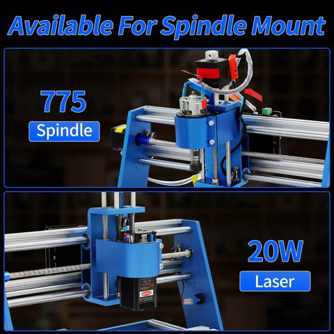 All Metal 3 Axis CNC Router Kit With Emergency Stop showing spindle and laser options for engraving on wood and acrylic.
