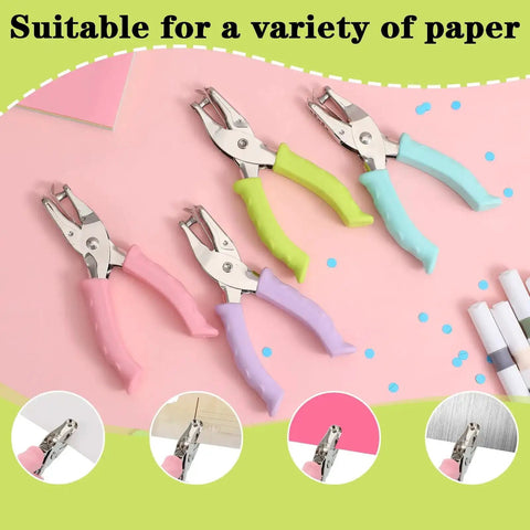 12 Piece Mini Hole Punch Set, 1/4 Inch Metal Punch, Handy Handheld Rubber Grip Punch For Tags, Craft, Pink Green Lavender Blue on paper