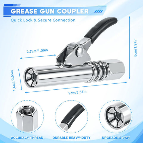 Grease gun fittings accessory kit by Amazon; chrome 90° coupler with black handle, 12in hose, 2 needle tips, zerk cleaner.