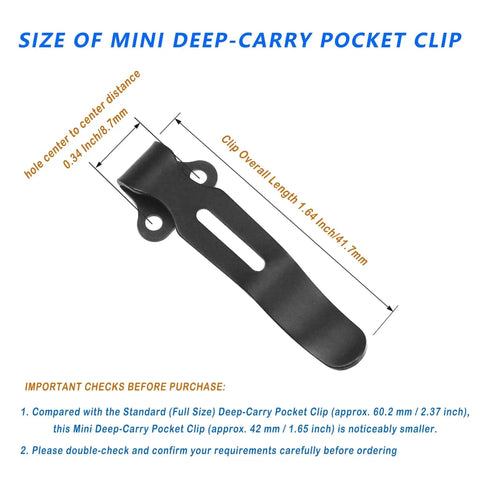 Compact Mini Deep Carry Pocket Clip In Stainless Steel Black 1.64 Inch Includes 2 Clip Screws Ultra Durable EDC Knife Clip