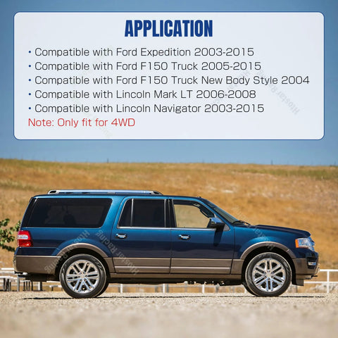 SUV, blue, with a large APPLICATION compatibility box overhead in a desert landscape.