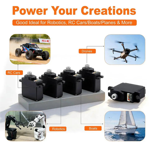 Beefy Torque Metal Gear Digital RC Servo 7.4V 10.5KG for RC cars, drones, robotics, boats, and planes illustrating versatile use.