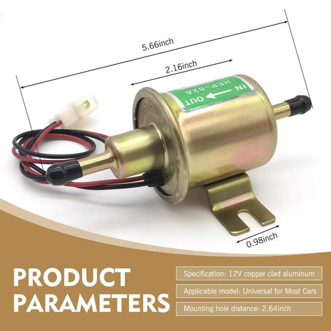12V Heavy Duty Plunger Fuel Pump for Low Pressure Delivery, high flow gas pump, gold finish, side view, dimensions, wiring