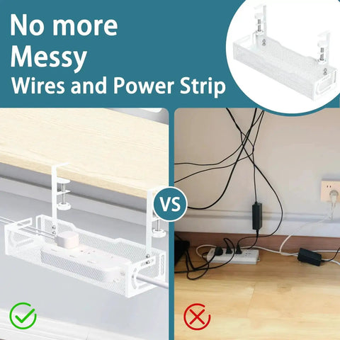 Comparison of messy cables and organized look with Under Desk Cable Management Tray No Drill Mesh Organizer.