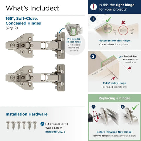 Two Pack Full Overlay 165 Degree Bi Fold Door Soft Closing Concealed Hinge For Face Frame Cabinets Lazy Susan Compatible Built Tough Heavy Duty Steel Construction With Nickel Finish And Easy Mounting Hardware Amerock, shown with included screws and installation guide.
