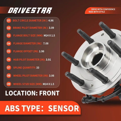 Specifications of Front Wheel Hub And Bearing Assembly 4x4 AWD For Chevy Silverado Suburban Tahoe Avalanche Yukon XL GMC Sierra Savana Cadillac Escalade ABS 6 Lug Replacement Part