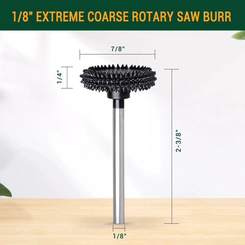 Rotor Saw Burr For Dremel And Foredom With One Eighth Inch Shaft Very Coarse Wood Carving Bit, front view, dimension labels