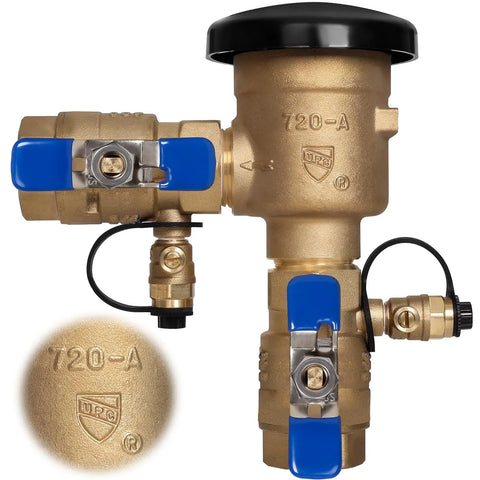 Brass 1-inch pressure vacuum breaker backflow preventer with blue lever valves, UPC certified.