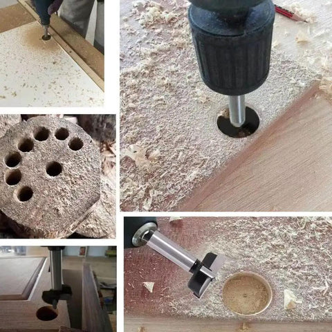 Collage of Forstner Drill Bits 40 Millimeter Three Cutter Tungsten Carbide Upgraded Version Delivers Faster Cutting And Long Life In Use