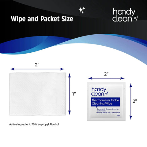 Size chart displaying 70 Percent Isopropyl Alcohol Thermometer Wipes For Probes 1000 Count, 2x2 inch packet and wipe dimensions.