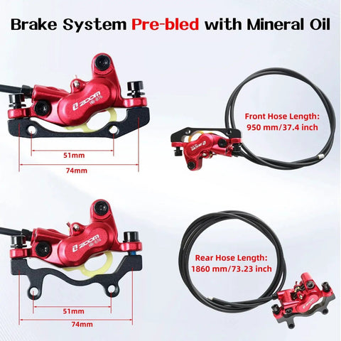 Zoom HB876E red hydraulic disc brake set, 4-piston, front view with 950 mm front hose for e-bike
Zoom HB876E red hydraulic disc brake calipers with black mounting bracket, side view
Close-up of red Zoom HB876E hydraulic disc brake caliper showing 4-piston design
Installed rear brake setup: red Zoom HB876E hydraulic disc brake with 1860 mm rear hose