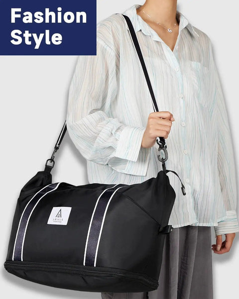 Person holding Versatile Rolling Duffle Bag With Detachable Wheels And Adjustable Shoulder Strap For Easy Travel Large Expandable Carry On Luggage.