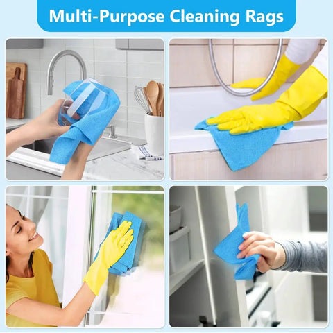 People using Blue Microfiber Cleaning Cloths 100 Pack 11x9 Inches Ultra Absorbent Lint Free for various cleaning tasks in different settings