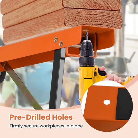 Close-up of Beefy Saw Horses 2 Pack Portable Galvanized Metal Work Stand with non-slip top and drill for woodworking projects