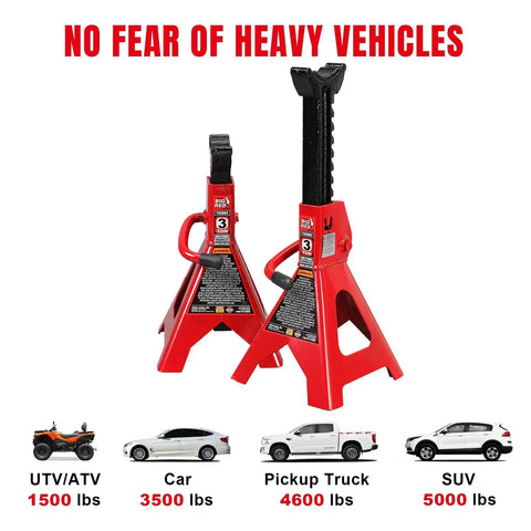 3 Ton Jack Stands 2 Pack with Adjustable Lock Welded Steel Vehicle Support showing two red stands in front of vehicle weight chart