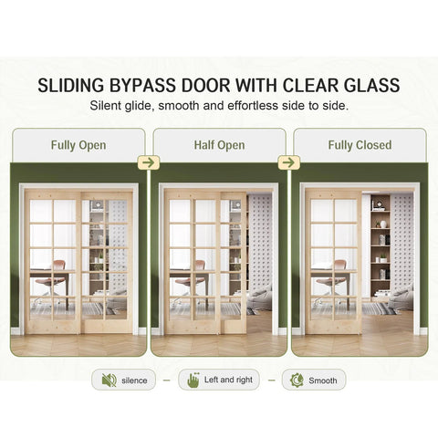Preassembled Solid Spruce Wood Double Sliding Closet Doors Set With Bypass Hardware Track Kit 60 Inch By 80 Inch Two 31 Inch Tempered Clear Glass Panels Barn Door Slab For Interior Pantry Kitchen Built To Last Rustic Style in various open positions