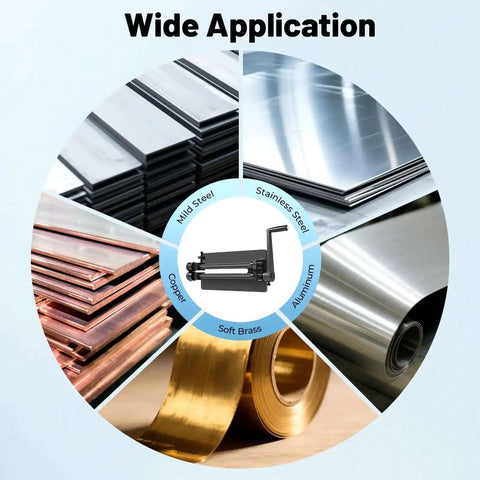 Image showing wide application of Sheet Metal Bead Roller Tool With Six Dies Set on steel, copper, aluminum, and brass materials.