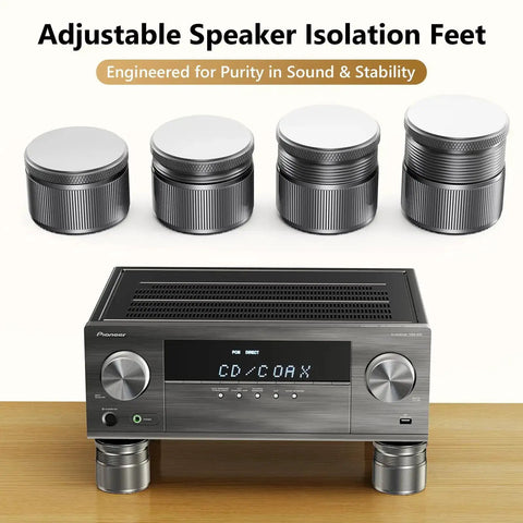 Adjustable Speaker Isolation Feet 4 Pack with Height Adjustable 0.9 to 1.5 Inch Vibration Damping Stands with audio equipment
