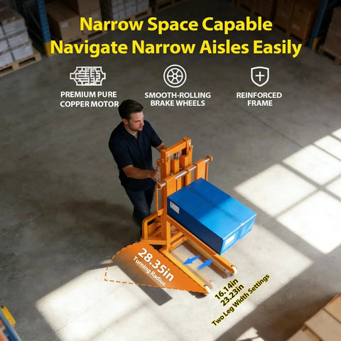 Side view of orange CareArise electric pallet stacker lifting a blue box on its forks in a warehouse