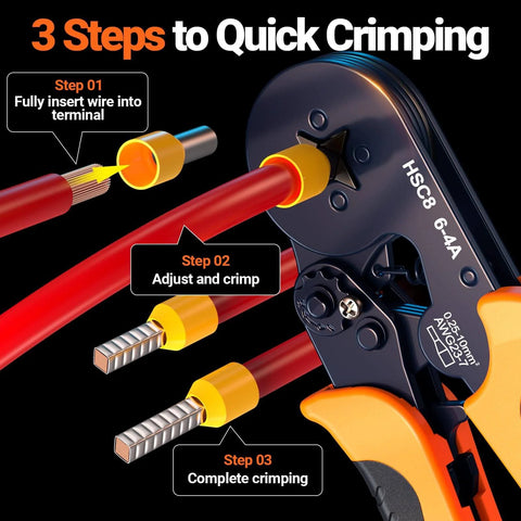 Close-up of 2100Pcs Ferrule Crimping Tool Kit with instructions on how to crimp wires using self-adjusting ratchet pliers.