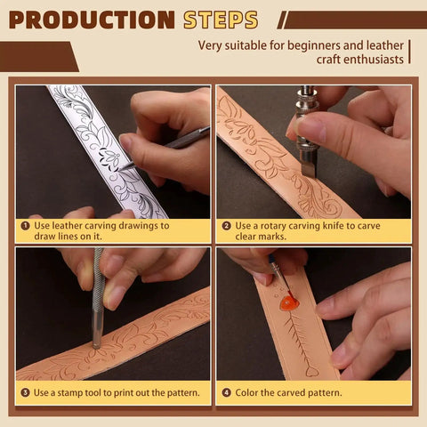 Dope Leather Working Kit With Pro Grade Tools And Dyes For DIY Beginners showing carving and stamping steps for leather crafting.