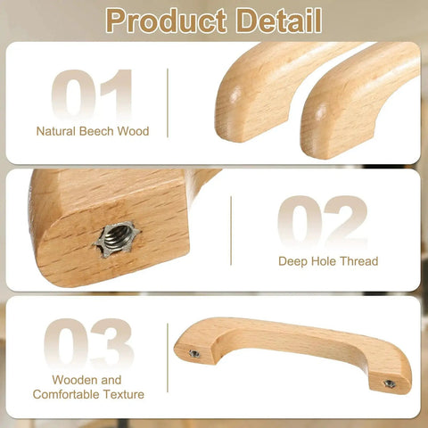 Wood Drawer Pull Handles 96mm Center Spacing Bridge Shaped Beech Wood Cabinet Knobs for Kitchen Cabinets and Furniture 117mm Length Durable Classic Design With Screws for Easy Installation showing product details including natural beech wood, deep hole thread, and wooden texture.