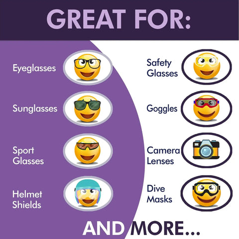 Infographic showing uses of Clear View Screen And Lens Cleaner For Eyeglasses Laptops Smartphones 1 Gallon