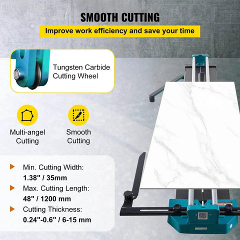 48 Inch Manual Tile Cutter With Laser Guide And Tungsten Wheel For Porcelain And Tile Cutting, All Steel Frame, 1200 Mm Capacity, Smooth Sliding Head, Ideal For Pros And DIYers shown with cutting wheel and marble tile
