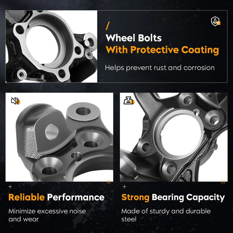 Front Steering Knuckle and Wheel Bearing Hub Assembly, close-up detail, black cast iron, protective coating visible
