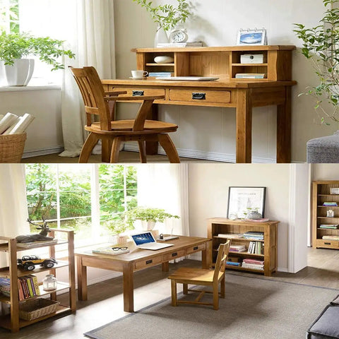 Wooden desk and chair set in home office with greenery and decor items, showcasing Antique Black Ring Pull Handles Set Of 4.