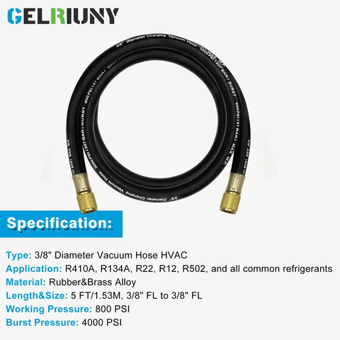 Gelriuny 3/8 in heavy-duty vacuum charging hose, black rubber with brass fittings, 5 ft HVAC hose