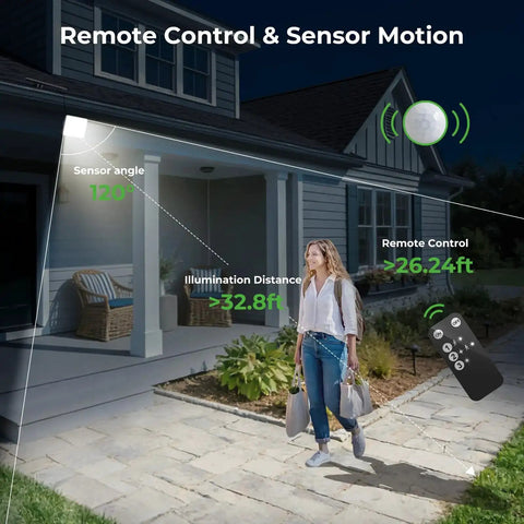 Solar Motion Lights Outdoor Two Pack, 3 Modes Security Flood Light With Remote illuminating porch with remote control demo