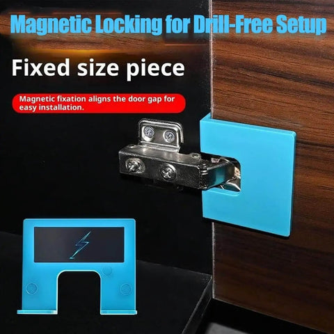 Magnetic Door Hinge Jig No Drill Installation And Precise Alignment Adjustable Guide on wooden cabinet for hinge cutting.