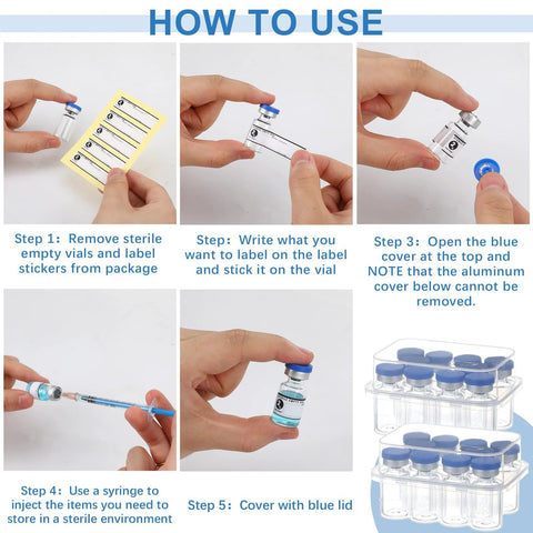 Threlaco 2ml sealed sterile glass vials with blue caps and self-healing port, plus 20 label stickers and syringe