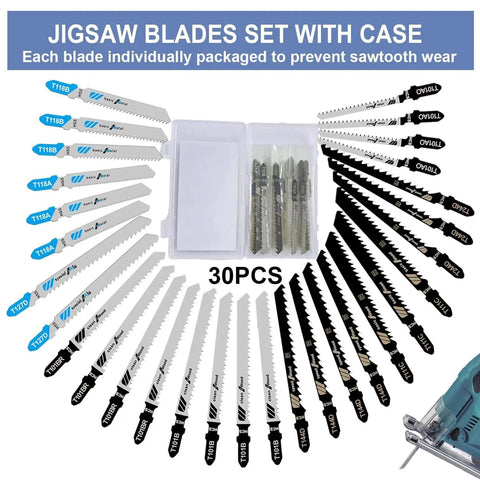 30-Piece Jigsaw Blades Set For Wood Metal And Plastic Cutting By Craluuur, T-Shank Variety Pack displayed with open case.