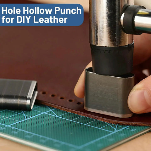 Close-up of 52 Shapes Leather Hole Punch Set With Hollow Punch Dies For Belts And DIY Crafts in use on leather material.