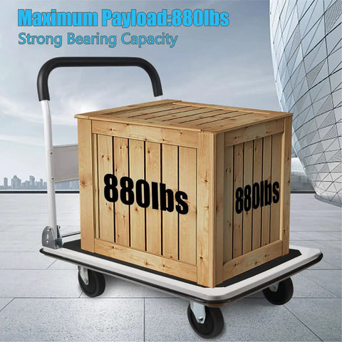 Heavy Duty Foldable Platform Truck with 880 lb capacity loading a wooden crate, large size utility cart for industrial and home use.