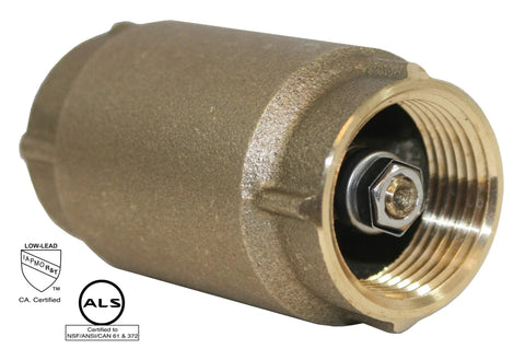 Brass in-line check valve, 1-1/4 inch, no-lead, threaded ends for home plumbing installations.