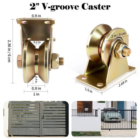 Heavy Duty 2 Inch V Groove Wheel Gate Casters Set With Brackets For Inverted V Track And Rolling Gates, steel, pack of 4, NouraVita