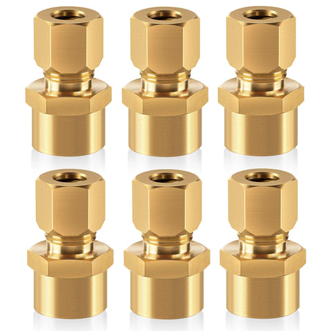 Brass compression tube fittings, 1/4 in tube OD x 1/4 in NPT female, 9 pieces arranged in grid