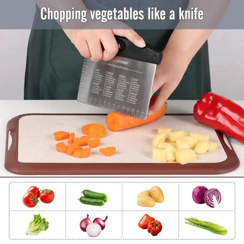 Stainless Steel Dough Pastry Bench Cutter Scraper Two Pack For Kitchen Baking With Laser Engraved Measuring Scale And Conversion Chart Pro Grade Quality Dishwasher Safe Anti Wear Construction Ideal For Pizza Dough And Chopped Ingredients
