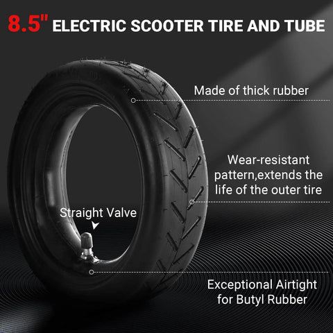 8.5 Inch By 2 Inch Scooter Tire And Inner Tube Set 50/75-6.1 with thick rubber, straight valve, and wear-resistant pattern
