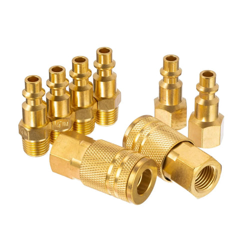 Brass Air Hose Fittings Kit With One Quarter Inch NPT Quick Connect Couplers Eight Piece Industrial Air Hose Repair Set