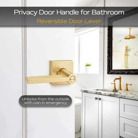 2 Pack Heavy Duty Keyless Privacy Door Handles Satin Brass Finish for interior bedroom and bathroom doors in bathroom setting