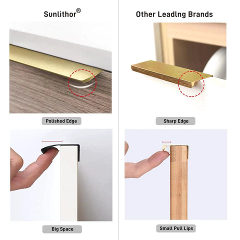 Comparison of Edge Finger Pulls for Cabinets and other brands showing polished edges and larger space for easy use