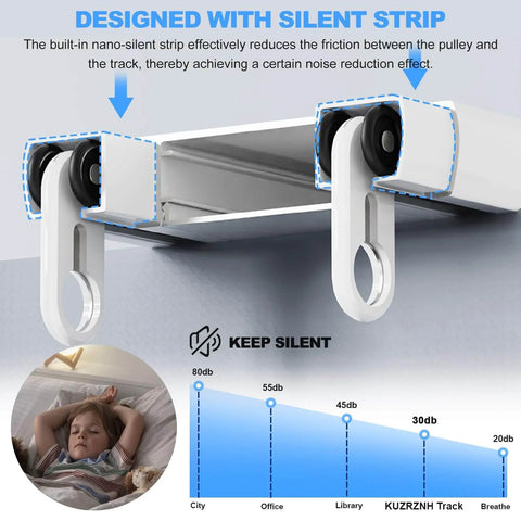 Close-up of ceiling mounted double row curtain track system with silent heavy duty pulleys and smooth sliding rails for curtains.