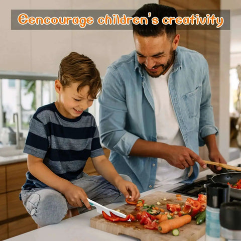 Father and son using 8 Piece Wooden Kids Kitchen Knife Set For Real Cooking Including 4 Plastic Toddler Safe Knives.