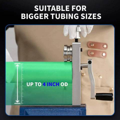 Tubing Bead Roller For Copper, Aluminum, And Thin Steel Piping in use on large green tube, showing suitability for up to 4 inch diameters