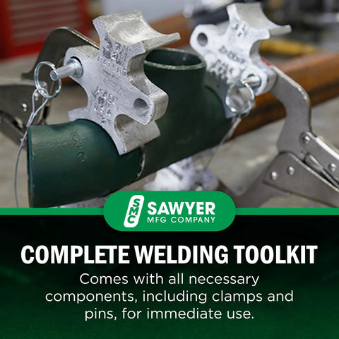 Welders 3rd Hand portable pipe welding clamp – two metal clamps on a green pipe with locking pliers, Sawyer branding.