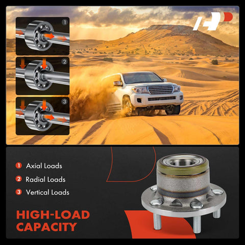 Image showing a car driving in desert with axial and radial load diagrams; Two Pack Rear Wheel Bearing And Hub Assembly 5 Lug For Ford Transit Connect 2010 2013 With High Load Capacity